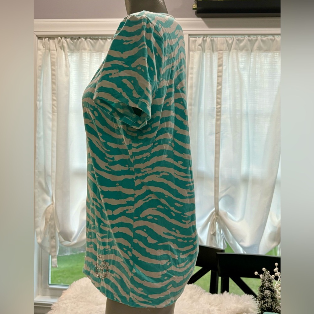 MICHAEL KORS Aqua Zebra Print Top XL | Ruched Side MK Logo Tee - Picture 7 of 9